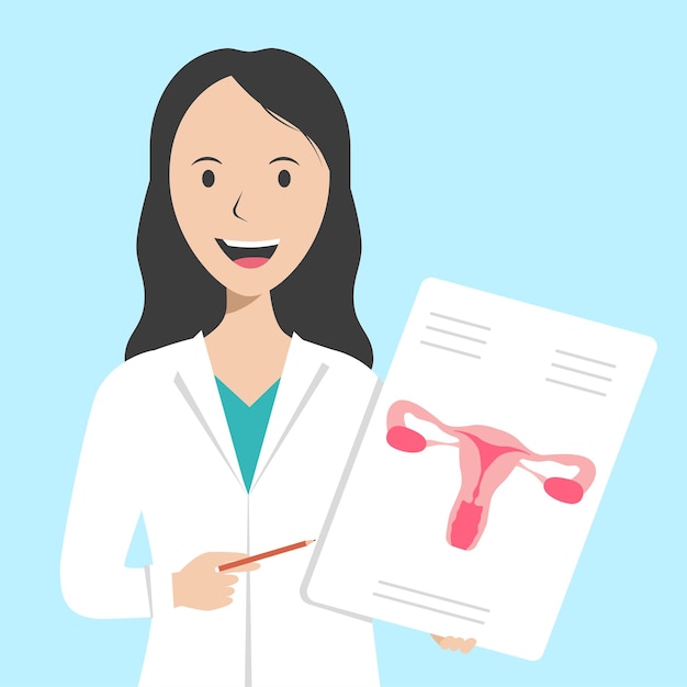 The doctor holds a sheet of paper with the image of a female uterus