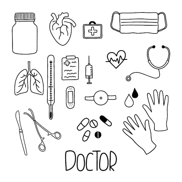 Doctor icons with lettering Hand draw vector line illustration