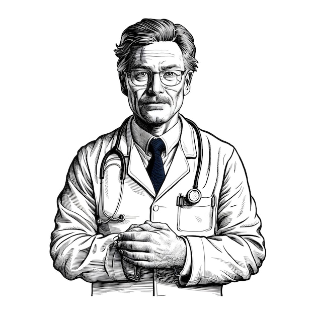 Doctor ink sketch drawing black and white engraving style vector illustration