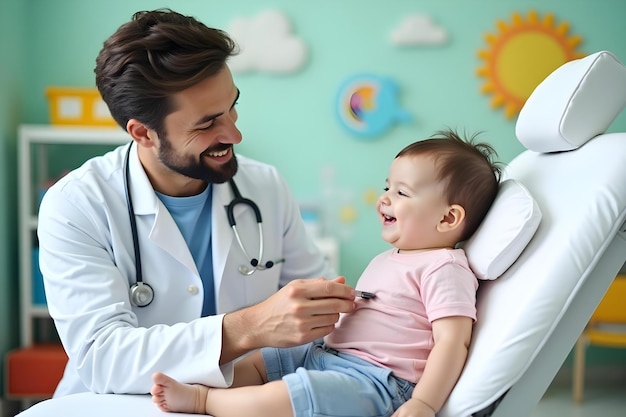 Vector a doctor is holding a baby while wearing a stethoscope