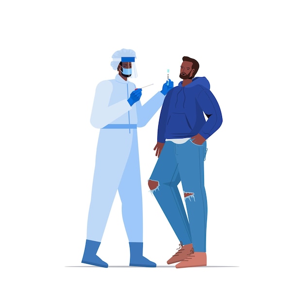 doctor in mask taking swab test for coronavirus sample from african american man patient PCR diagnostic procedure covid-19 pandemic concept full length vector illustration