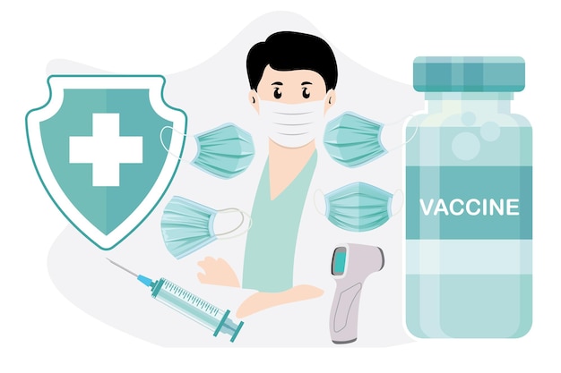 A doctor in mask with vaccine bottle masks injection syringe thermometer and medical shield symbol