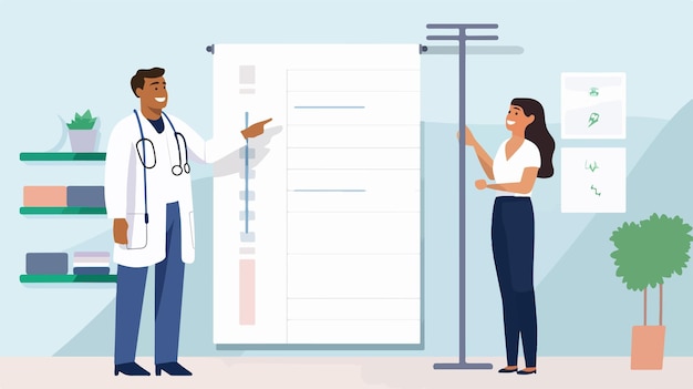 Vector doctor measuring height of female patient standing