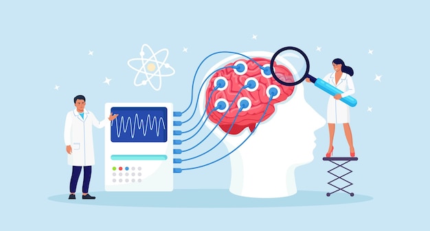 Vector doctor neurologist, neuroscientist, physician study brain connected to display with eeg indication. neurology, neuroscience, electroencephalography concept.