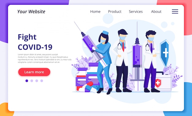 Doctor and nurses use syringe and shield to fight Covid-19 coronavirus. website landing page design template