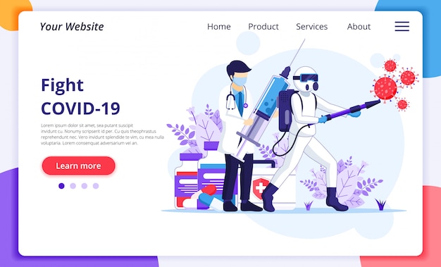 Doctor and nurses use weapon to fight Covid-19 coronavirus. website landing page design template