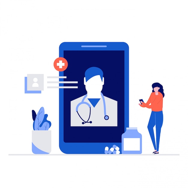 Doctor online  illustration concept with characters. Woman using smartphone to communicate with doctor.