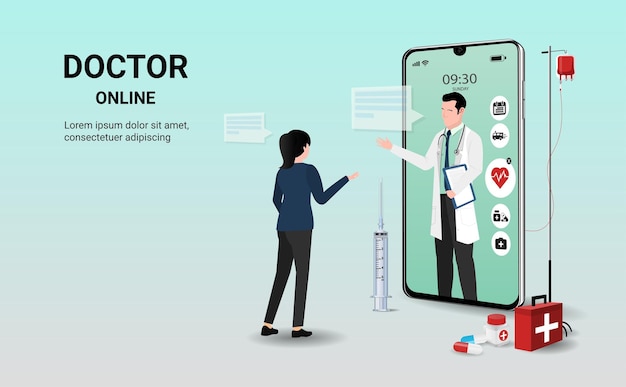 Doctor online on smartphone app with doctor and  patient Online medical clinic online medical consultation tele medicine Online healthcare and medical consultation Digital health concept 3D vector