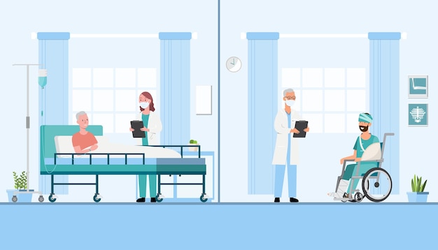 Doctor and patients inside a hospital's room on flat style Vector illustration cartoon character