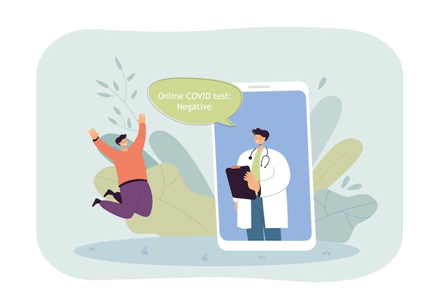 Doctor on phone screen telling patient results of covid test. Man happy to have negative coronavirus test result flat illustration