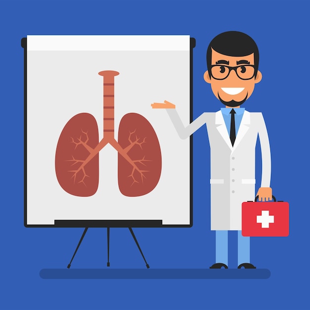 Doctor points to flip chart with picture healthy lungs