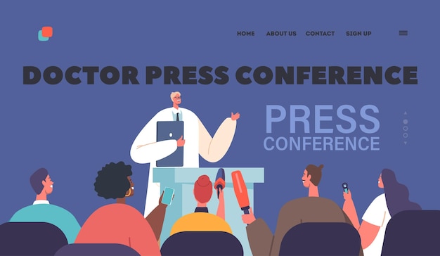 Doctor Press Conference Landing Page Template Man in White Robe Speaking to Audience Cartoon Vector Illustration