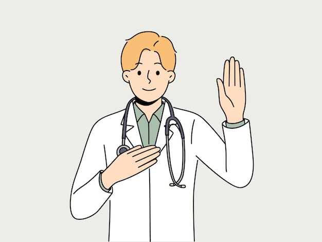 Doctor pronounces hippocratic oath and puts hand on heart promising to follow medical rules Doctor in white coat with stethoscope around neck takes oath and dreams of becoming good healer