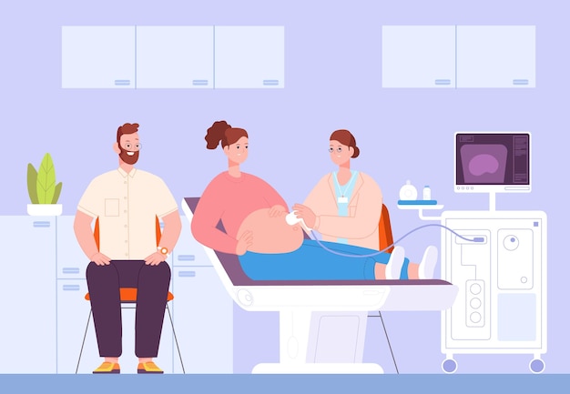 Doctor scanning pregnant Ultrasound fetus examining medical gynecologist check ultrasound diagnostic belly at woman pregnancy