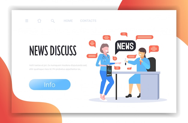 doctor and scientist chatting during meeting medical workers discussing daily news chat bubble communication concept. copy space horizontal full length illustration