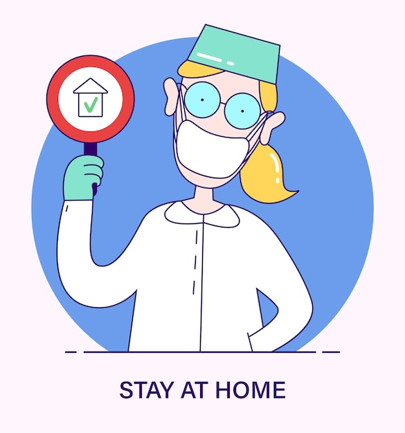 Doctor scientist holding in hand sign with a recommendation to stay at home