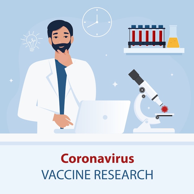 Doctor, scientist researching a vaccine. Coronavirus covid-19 concept. Flat  