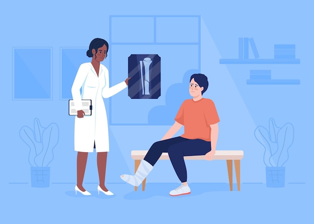 Doctor showing xray picture of broken leg to patient flat color vector illustration