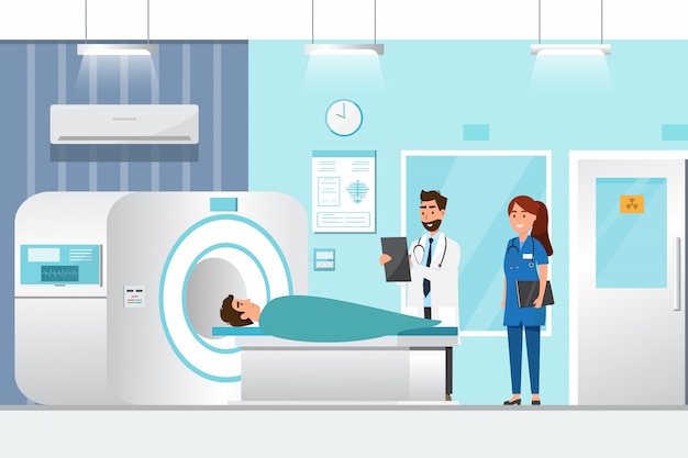 Doctor standing and man lying down for x-ray with MRI scanner machine