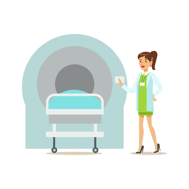 Doctor Standing Next To MRI Magnetic Resonance Machine Hospital And Healthcare Illustration