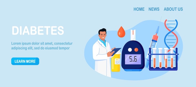 Vector doctor testing blood for sugar and glucose, using  glucometer for hypoglycemia or diabetes diagnosis. physician with laboratory test equipment, syringe and vial, insulin