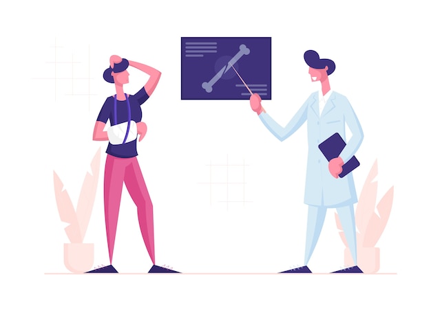 Doctor Traumatologist Show at X-ray Picture with Limb Fracture to Patient