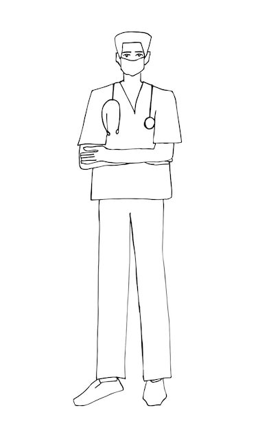 Doctor in uniform and mask with tonometer Hand drawn doodle man illustration