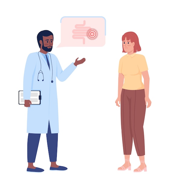 Doctor and upset woman at gut checkup semi flat color vector characters