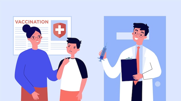 Doctor vaccinating patients in clinic flat illustration