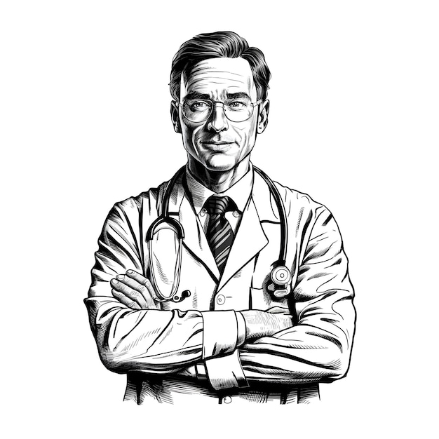 Doctor vector pencil ink sketch drawing black and white monochrome engraving style