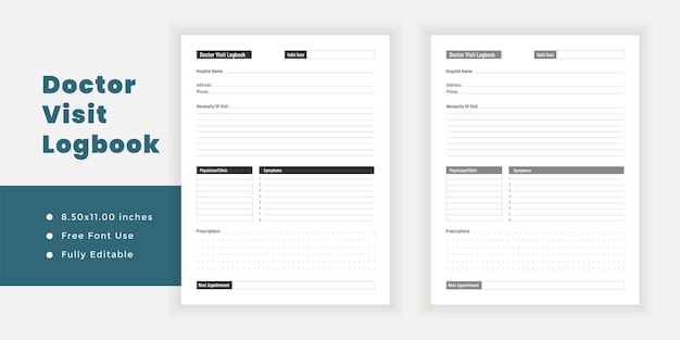 Doctor visit logbook journal and minimalist planner printable pages templates