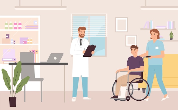 Doctor visit Man on wheelchair having appointment with medical worker Cartoon character with broken leg