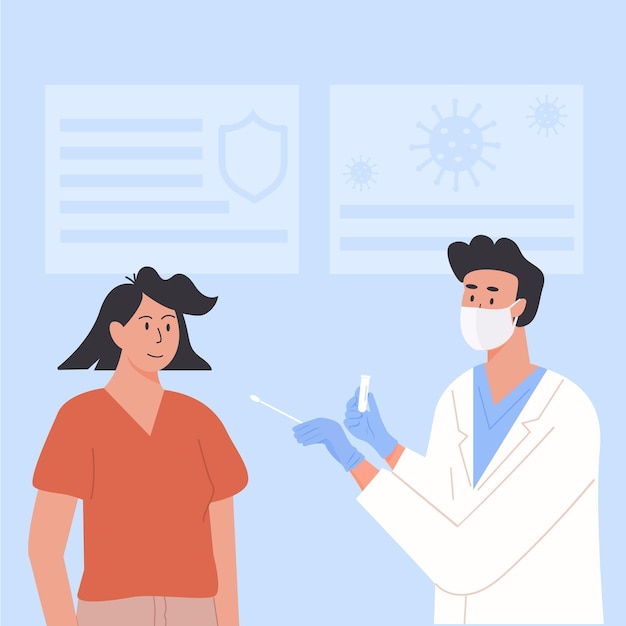 doctor wearing face mask take nasal pcr swab test from woman patient at clinic. vector illustration 