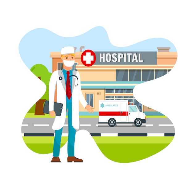 Doctor Wearing Surgical Face Mask Flat Vector