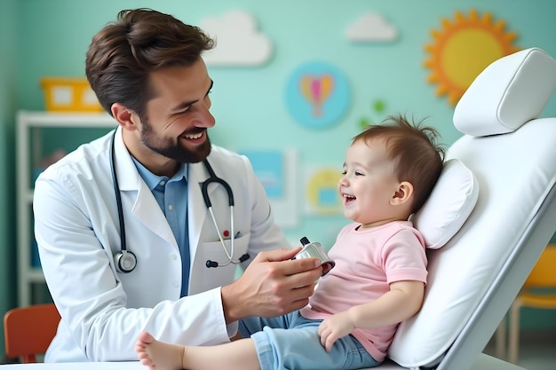 a doctor with a baby on a hospital bed with a doctor holding a stethoscope