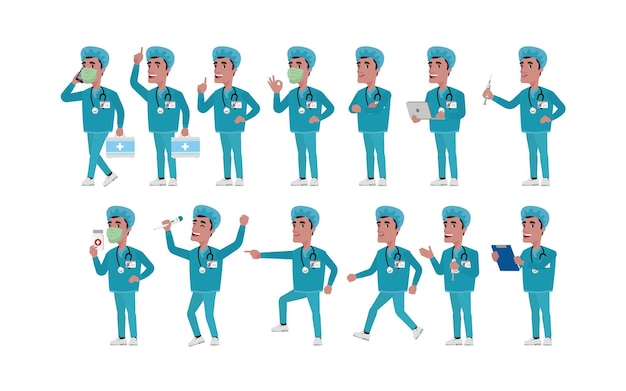 Doctor with different poses. vector