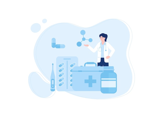 Doctor with first aid bag and doses concept flat illustration