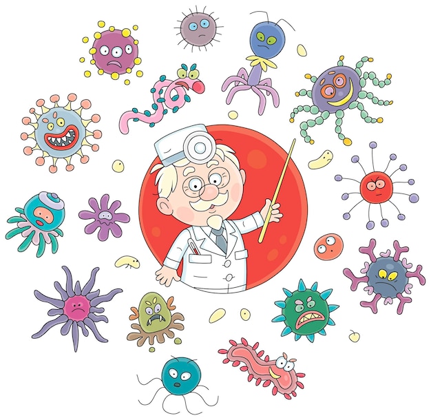 Doctor with a pointer surrounded by funny virus and bacterium monsters at a medical lecture