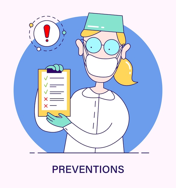 Doctor with prevention information list related to Covid19 Coronavirus Recommendations