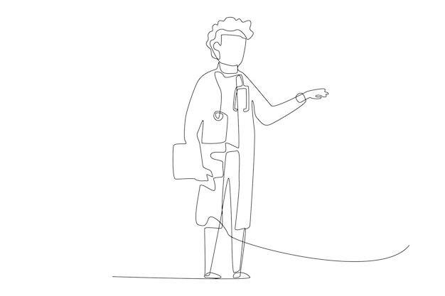 A doctor with a stethoscope gives instructions line art