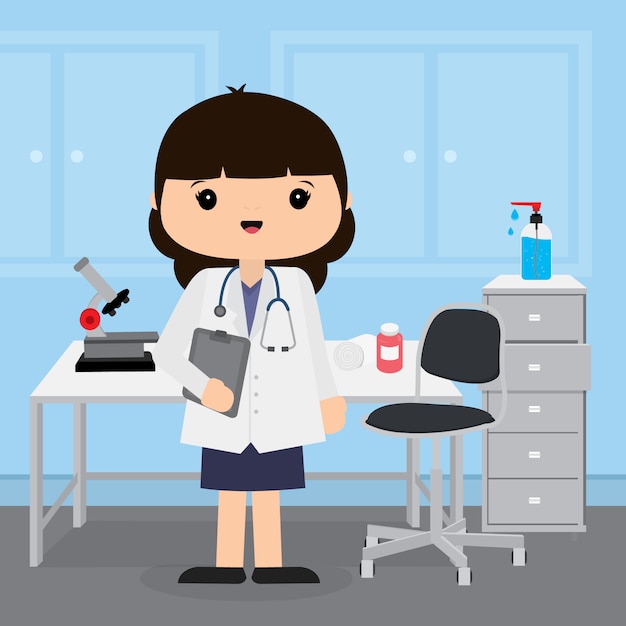 Doctor young woman working in the room at hospital. Medical concept in  illustration cartoon character design.