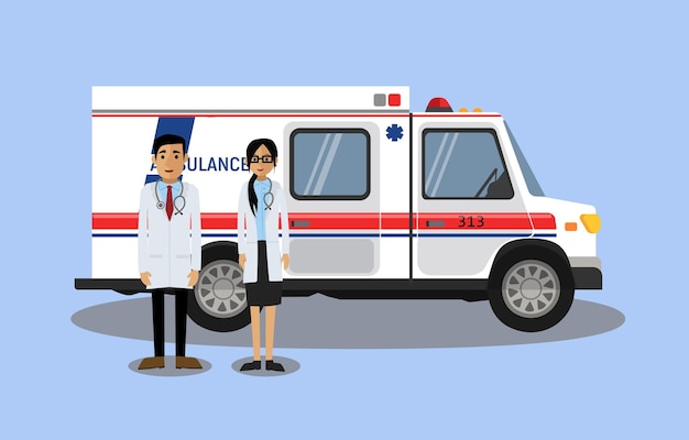 Doctors next to the ambulance. Vector illustration.