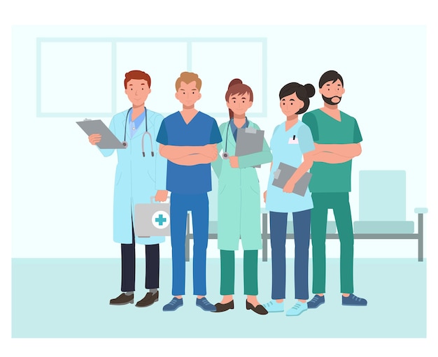 Doctors characters set Group of hospital medical staff standing together Male and female medicine workers Flat vector illustration