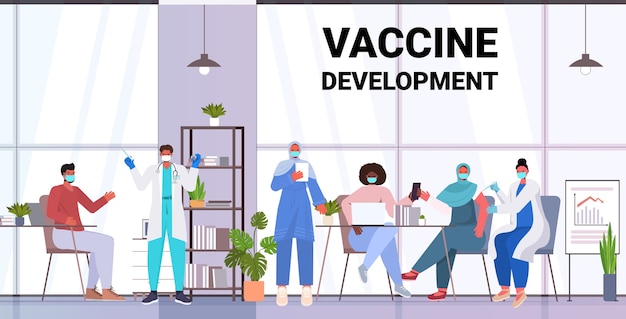 Vector doctors in masks vaccinating mix race patients to fight against coronavirus vaccine development concept full length horizontal  illustration