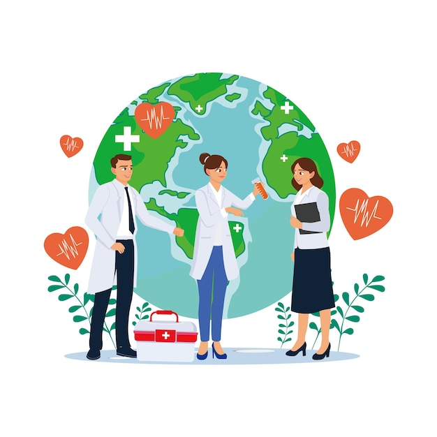 Vector doctors and medical workers are standing in front of the earth celebrating world health day world health day concept flat vector illustration