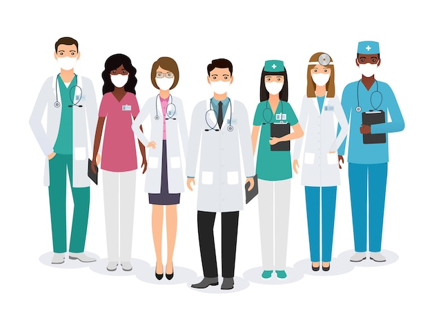 Doctors and nurses characters in medical masks standing together. Vector illustration.