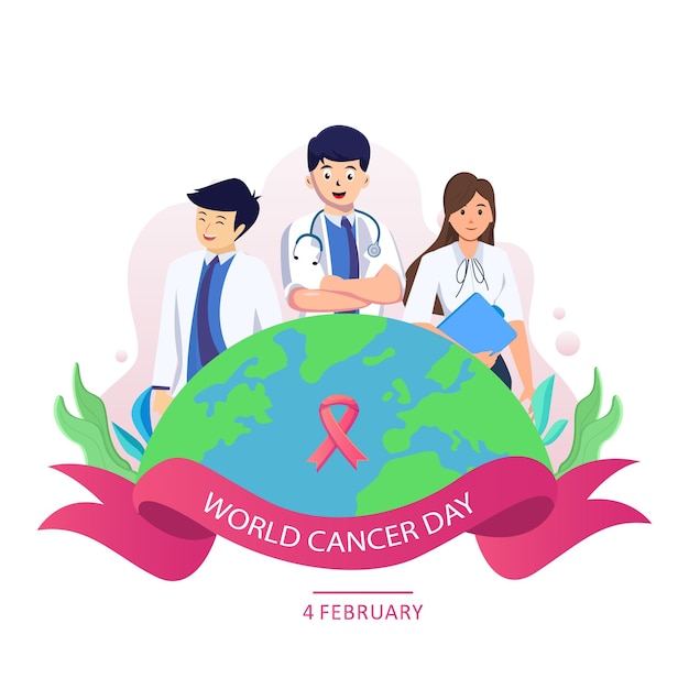 Doctors nurses and medical personnel celebrate world cancer day premium vector