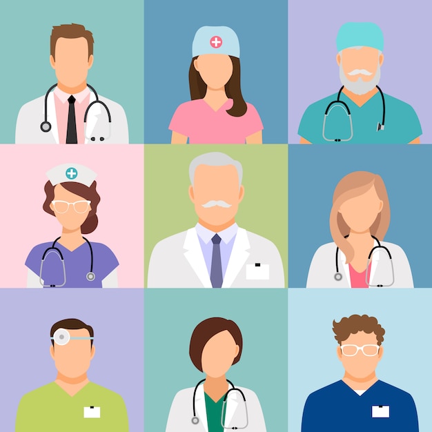 Doctors and nurses profile vector. Surgeon and therapist, oculist and nutritionist avatars