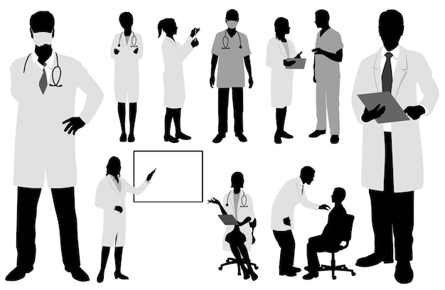 Doctors And Nurses Vector Silhouette Illustration Set Isolated On A White Background.