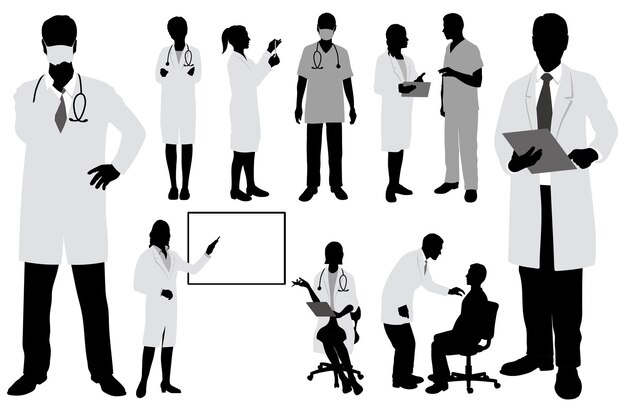 Vector doctors and nurses vector silhouette illustration set isolated on a white background.